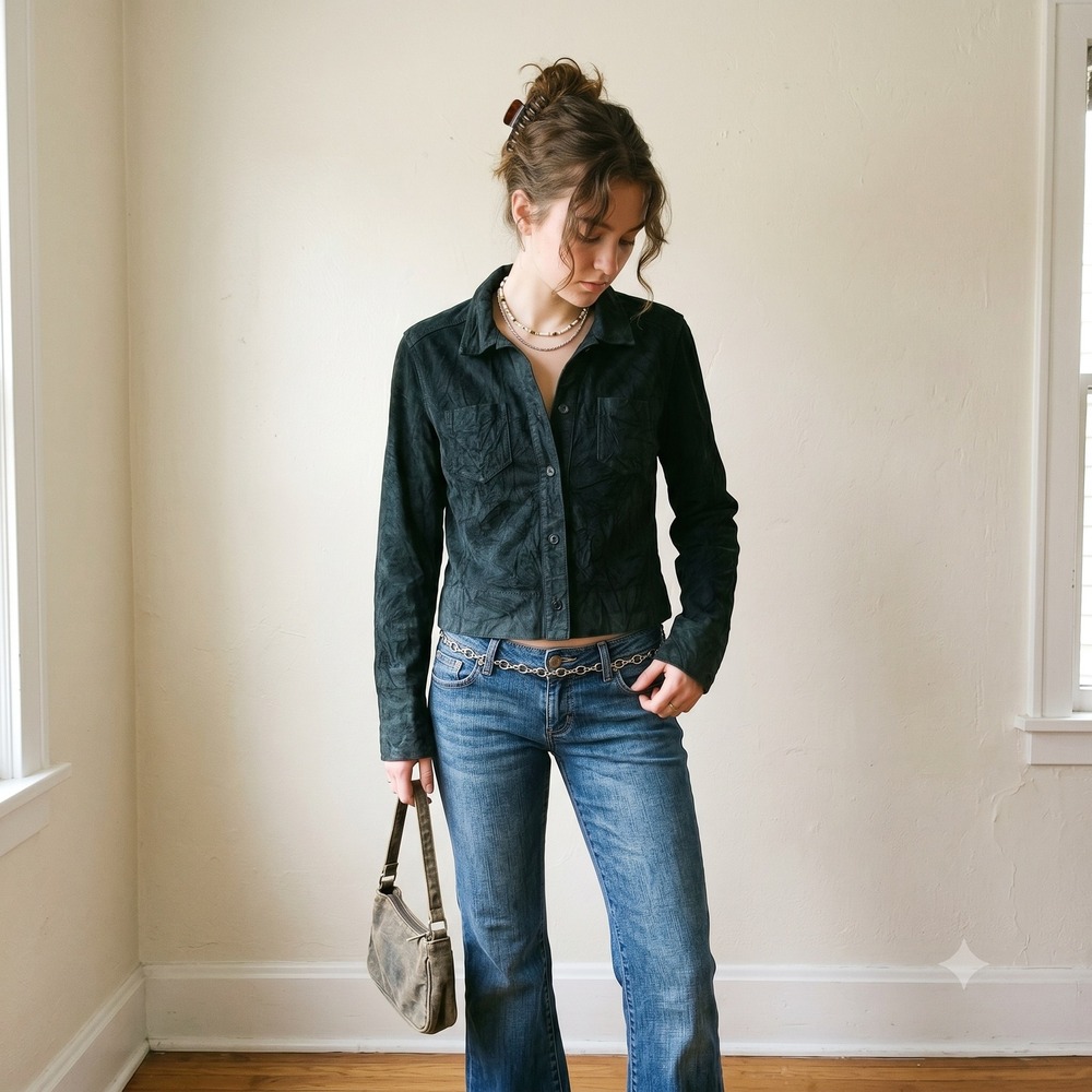 Vintage 90s Black Market Jacket Womens 10 Black Crinkle Suede Goth Grunge Edgy